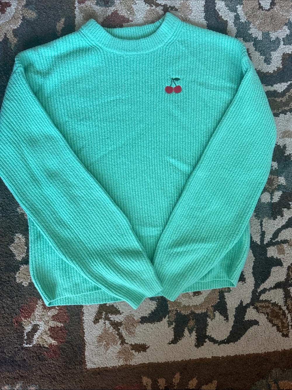 a new day Mint Green Crewneck Sweater with Cherry Embroidery